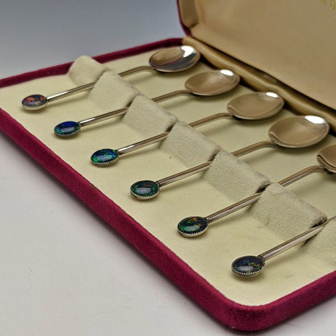 Vintage Sterling Silver Teaspoon Set of 6 Opal Decorated Case